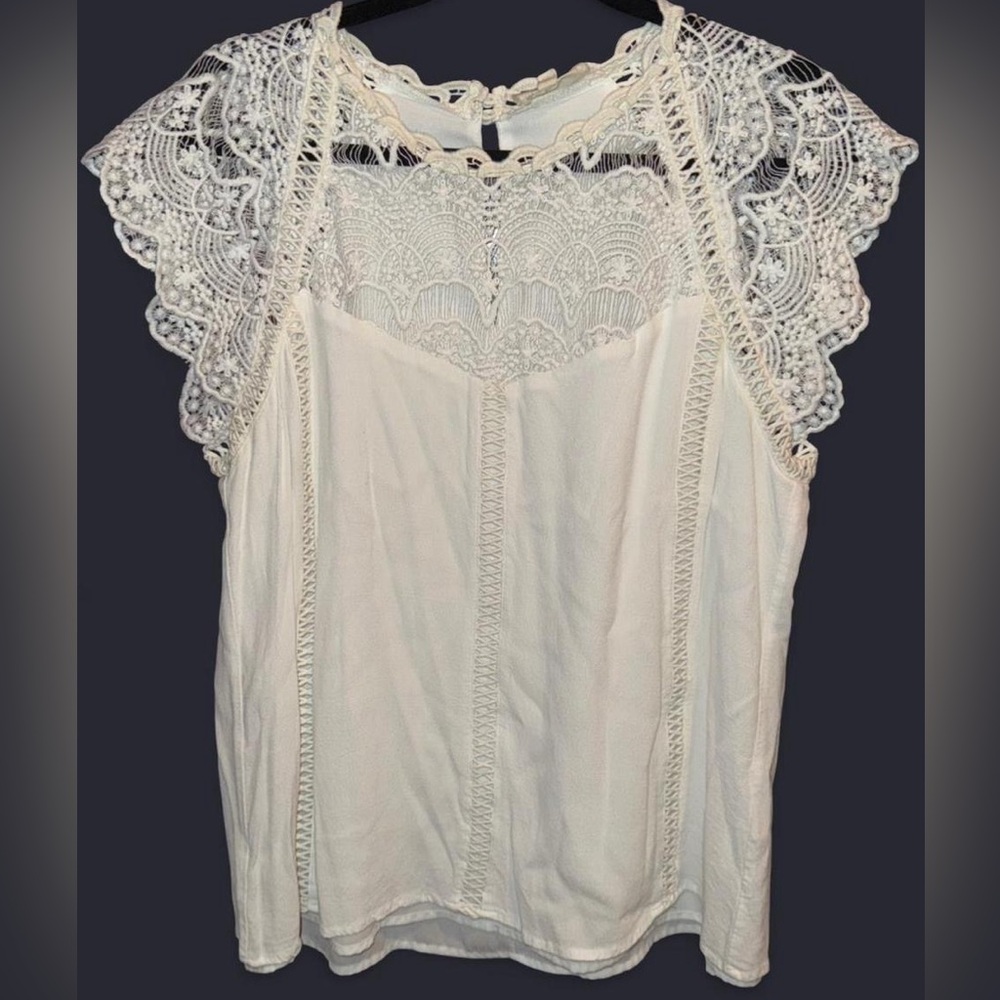 Gorgeous En Elly Size XL Eyelet Lace Cap Sleeves Women Top Blouse Ivory White - Picture 2 of 11